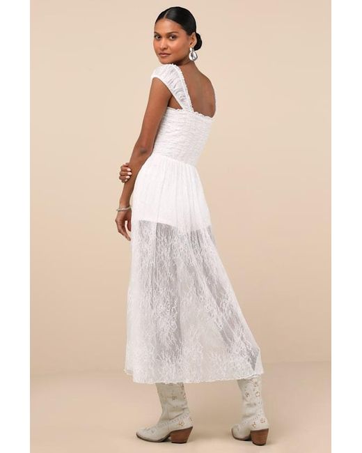 Lulus Natural Enisa Sheer Lace Cap Sleeve Midi Dress