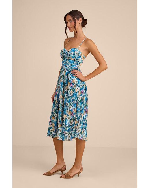 Lulus Blue Aleyna Multi Abstract Pleated Lace-Up Bustier Midi Dress