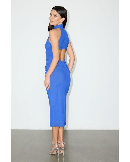 Lulus Blue Audra Mesh Mock Neck Bodycon Midi Dress