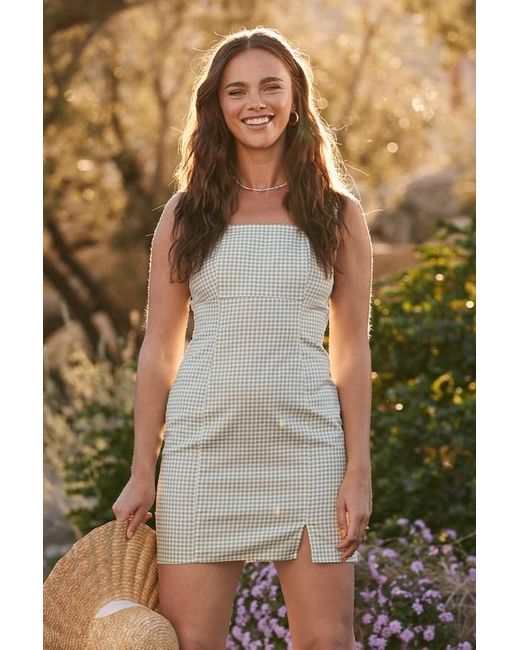 Lulus Natural Happy Chance Sage Gingham Square Neck Mini Dress