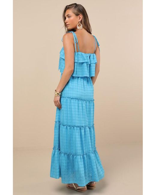 Lulus Blue Inaya Aqua Textured Tie-Strap Tiered Maxi Dress