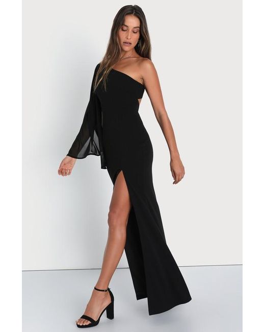 Lulus Black Majestic Attitude Cape Sleeve One-Shoulder Maxi Dress