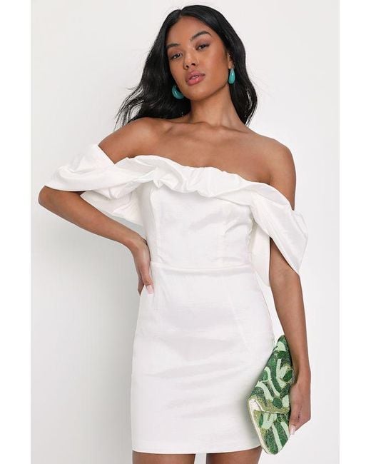 Lulus White Fanciful Feat Taffeta Off-The-Shoulder Bodycon Mini Dress