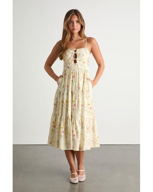 Lulus Natural Nattie Pale Floral Tie-Front Tiered Midi Dress
