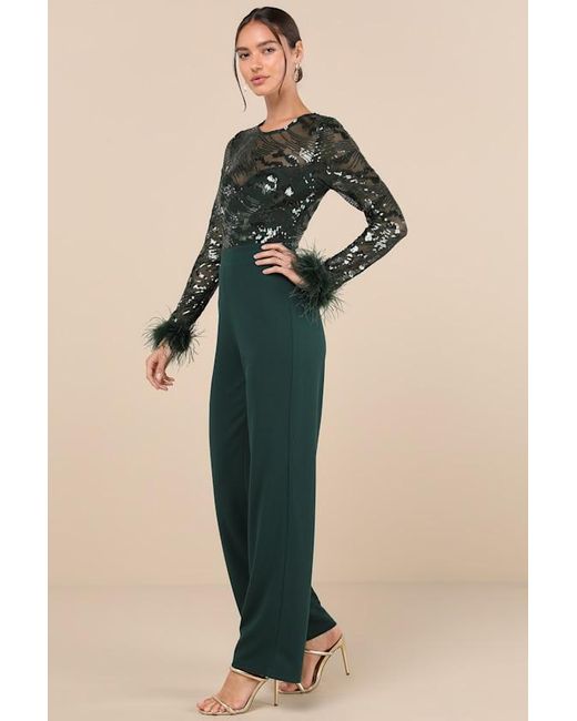Lulus Blue Limitless Radiance Sequin Feather Long Sleeve Jumpsuit