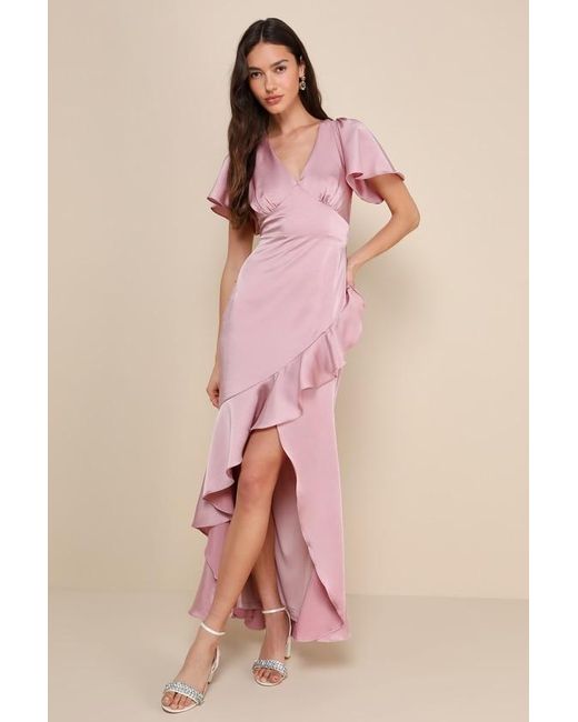 Lulus Pink Eternal Bond Blush Satin Ruffled Flutter Sleeve Maxi Dress