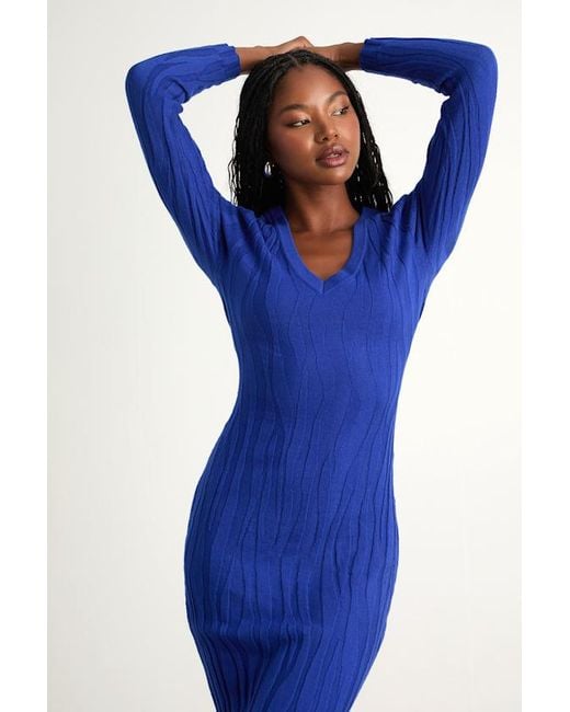 Lulus Blue High Appeal Textured V-Neck Midi Sweater Dress