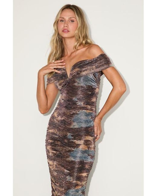 Lulus Arikka Abstract Mesh Off-The-Shoulder Midi Dress in Brown | Lyst