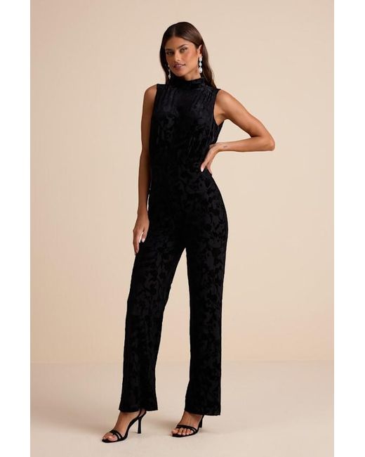 Lulus Black Micola Velvet Jacquard Mock Neck Jumpsuit