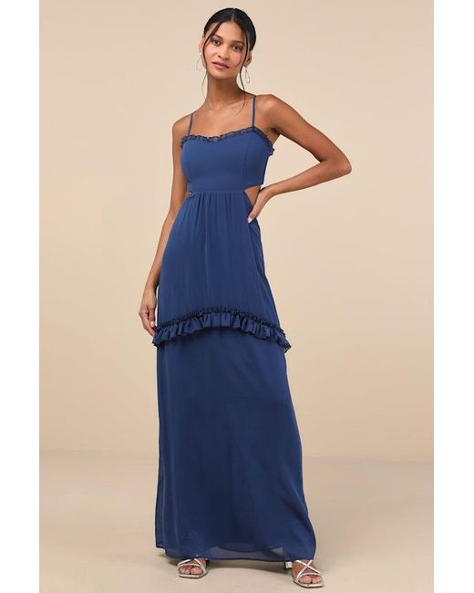 Lulus Blue Pronounced Perfection Cutout Tie-Back Maxi Dress