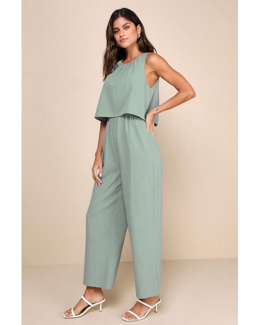 Lulus Blue Breezy Sophistication Textured Wide-Leg Jumpsuit