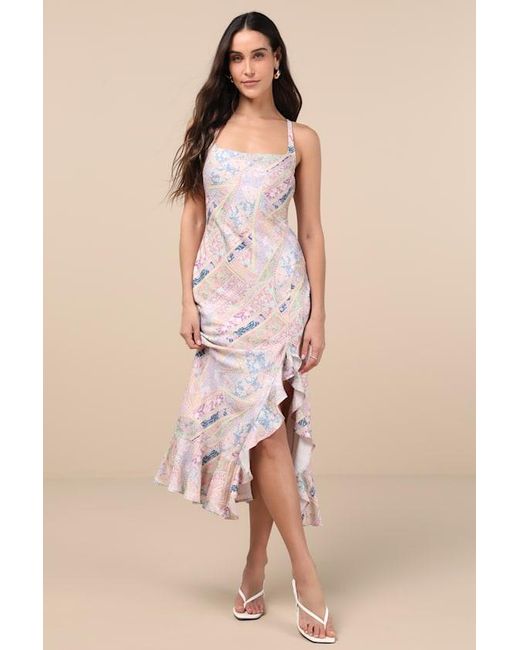 Lulus Natural Hitomi Multi Scarf Print Lace-Up Ruffled Midi Dress