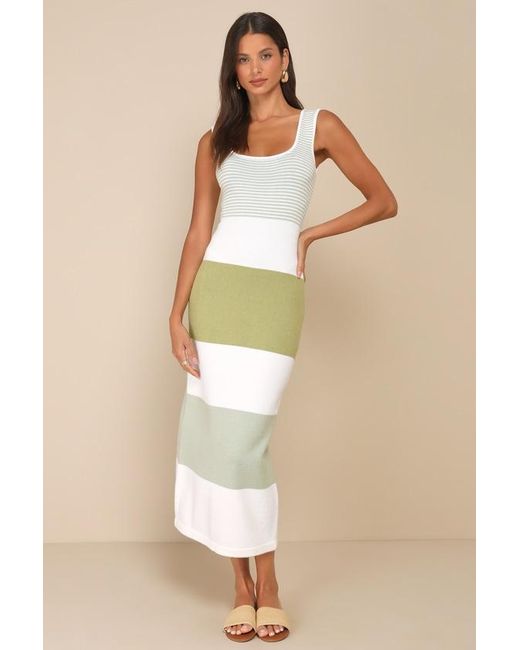 Lulus Natural Easily Gorgeous Ivory And Striped Midi Sweater Dress