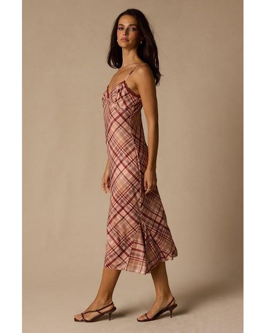 Lulus Brown Rae Multi Plaid Mesh Slip Midi Dress