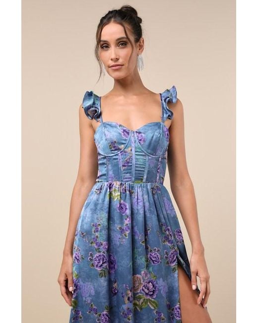 Lulus Blue Sweet Like Sangria Floral Ruffled Bustier Midi Dress