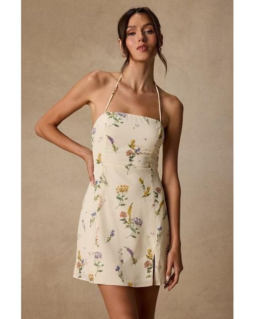 Lulus Natural Catch The Bouquet Cream Floral Print Halter Lace-Up Mini Dress