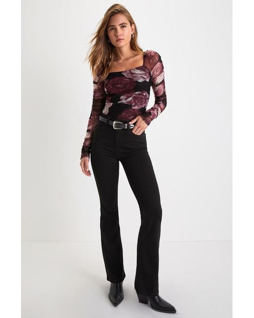 Lulus Black Flowering Aesthetic Floral Mesh Ruched Square Neck Top