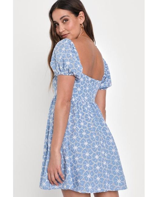 Lulus Blue Fit To Frolic Eyelet Lace Puff Sleeve Babydoll Dress