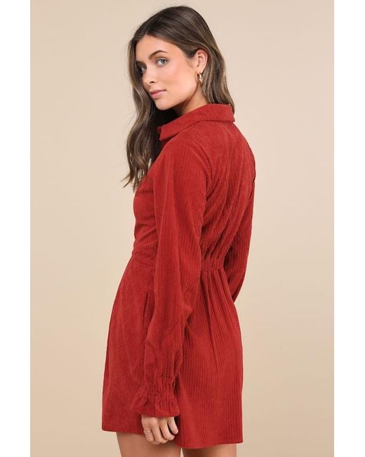Lulus Red Autumn Mood Corduroy Mini Dress With Pockets
