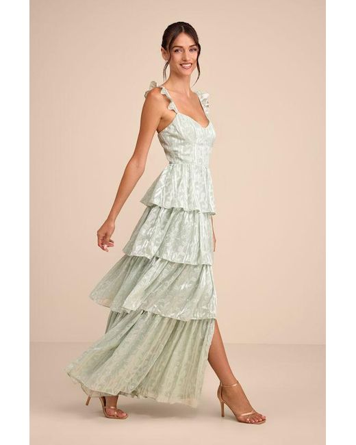 Lulus Natural Stunning Glory Sage Floral Jacquard Tiered Maxi Dress