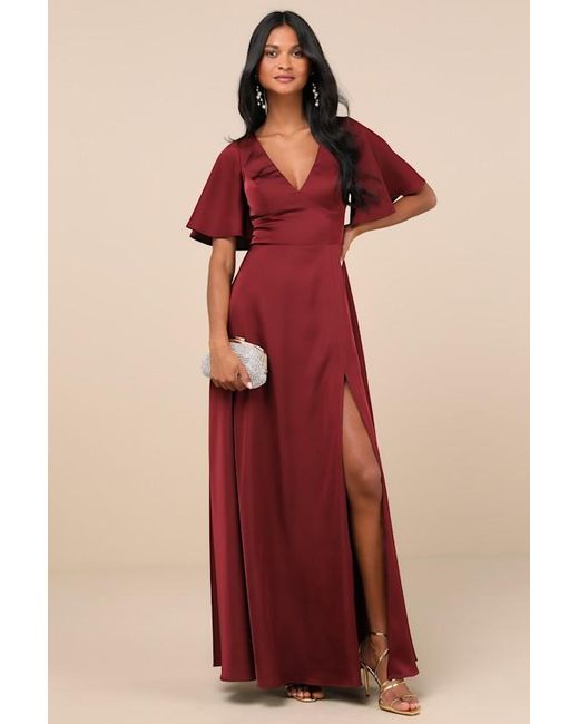 Lulus Red Elegant Confidence Satin Flutter Sleeve Cutout Maxi Dress