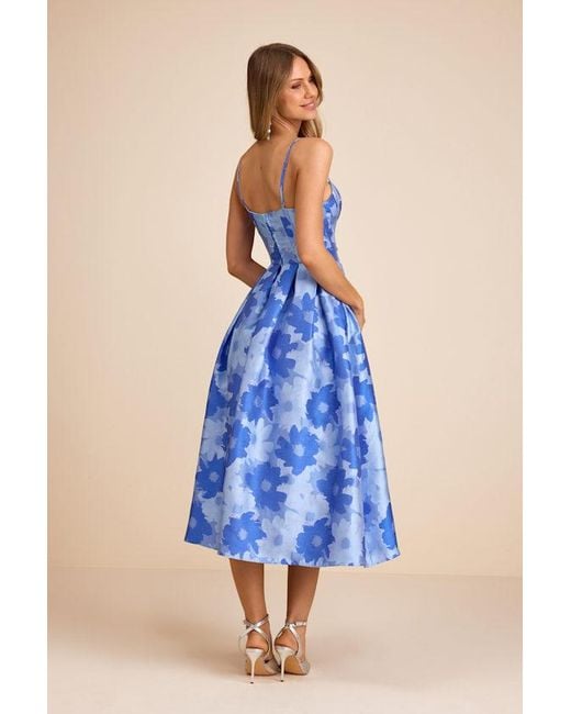 Lulus Blue Vivinna Floral Jacquard Pleated Midi Dress