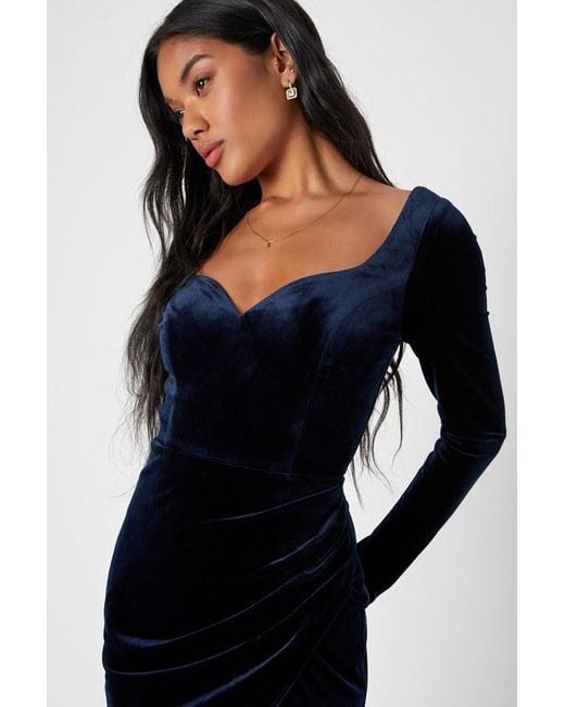 blue velvet maxi dress with sleeves Aqua blue velvet slit dress main image 0