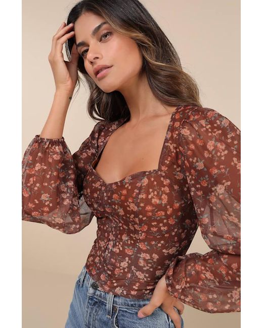 Lulus Blue Feeling So Cute Floral Mesh Balloon Sleeve Crop Top