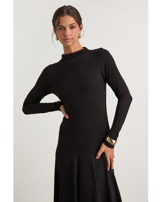 Lulus Black Corinne Jersey Knit Mock Neck Midi Dress