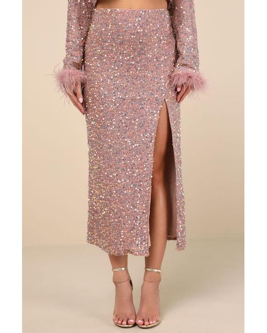 Lulus Natural Sparkling Behavior Sequin High-Rise Midi Skirt
