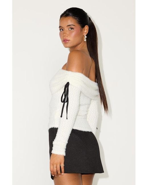 Lulus White Bellaria Textured Off-The-Shoulder Bow Sweater Top