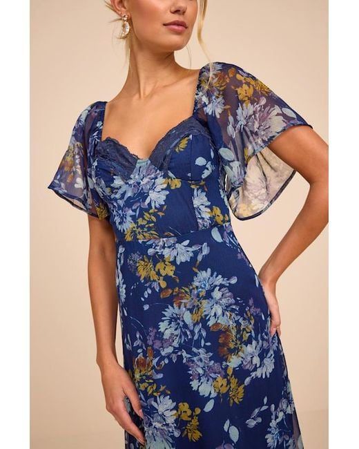 Lulus Blue Valla Floral Flutter Sleeve Midi Dress