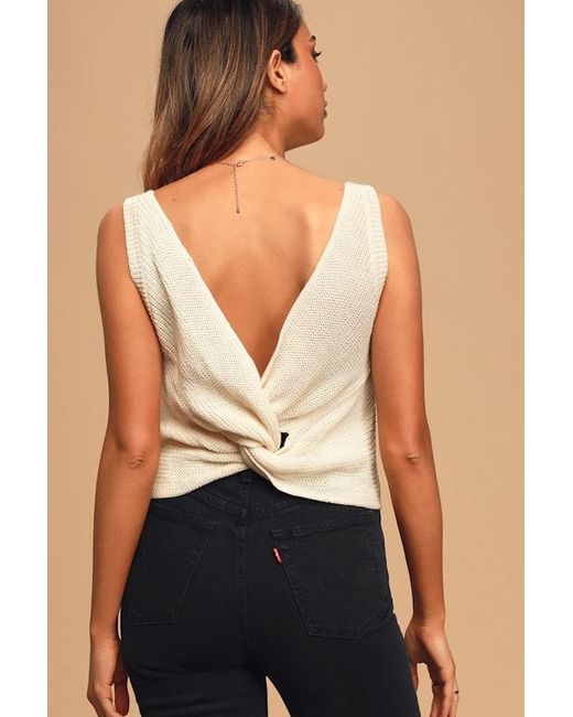 Lulus Black Let's Get Away Cream Knit Twist Back Tank Top