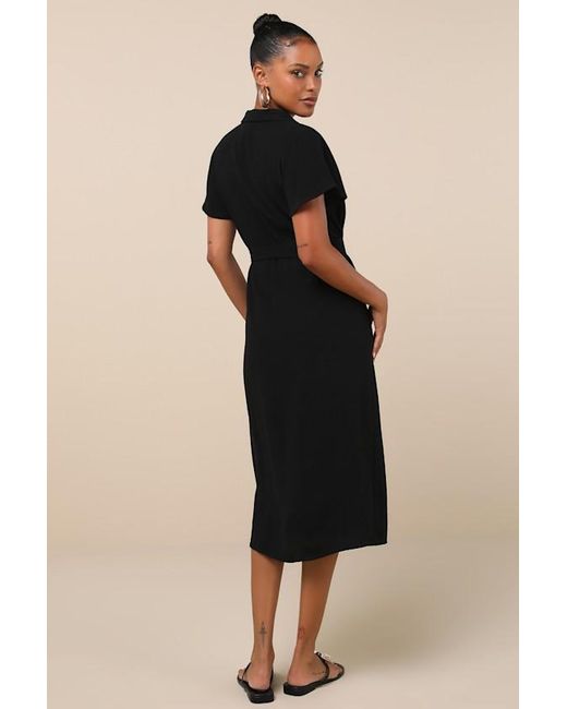 Lulus Black Italian Summer Linen Button-Up Short Sleeve Midi Dress