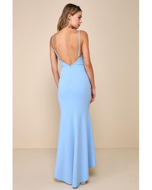 Lulus Blue Stunning Enchantment Backless Trumpet Hem Maxi Dress