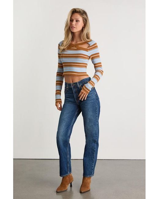 Lulus Blue Tanea And Striped Cutout Sweater Top