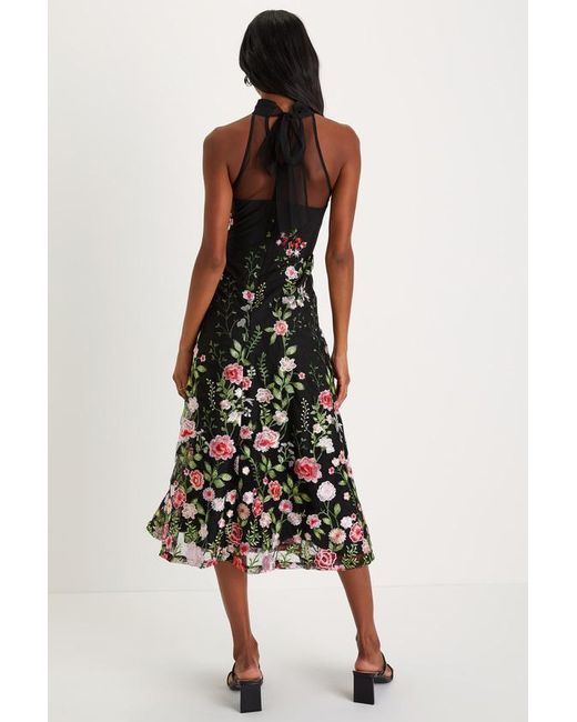 Lulus Black Blossoming Energy Floral Embroidered Halter Midi Dress
