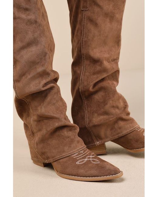 Lulus Brown Emiliya Suede Fold-Over Knee-High Western Boots