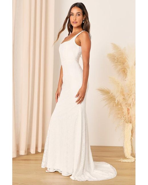 Lulus Natural Eternal Happiness Lace Square Neck Mermaid Maxi Dress