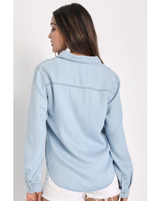 Lulus Blue Daily Vibe Chambray Long Sleeve Button-Up Top