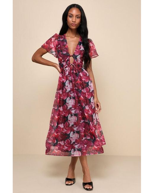 Lulus Favorite Rsvp Floral Organza Tie Front Midi Dress in Pink Lyst UK