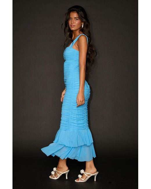 Lulus Blue Aelara Mesh Ruched Trumpet Midi Dress