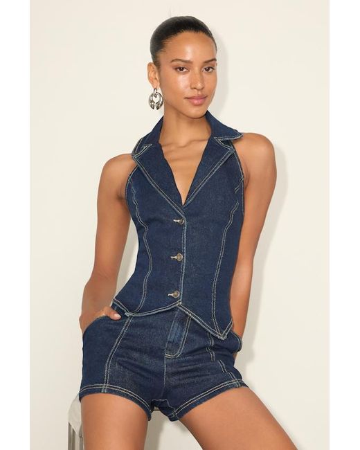 Lulus Blue Lyris Dark Wash Denim Button-Front Collared Halter Top