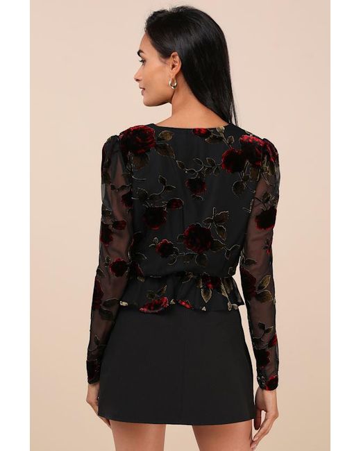 Lulus Black Memorably Poised Burnout Floral Surplice Top