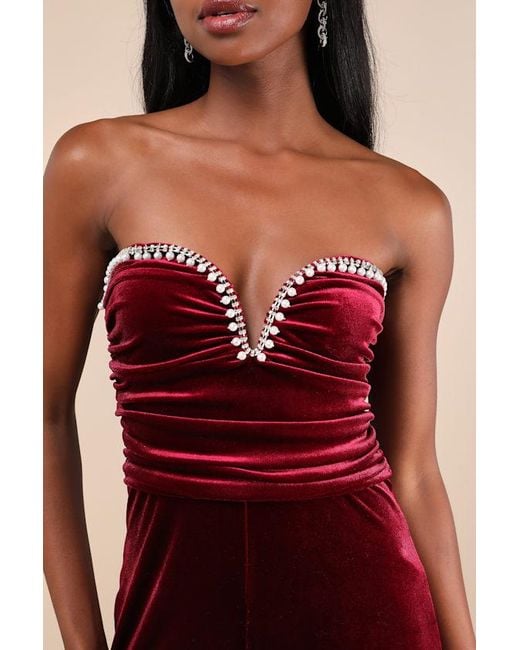 Lulus Red Fabulous Instinct Velvet Pearl Strapless Jumpsuit