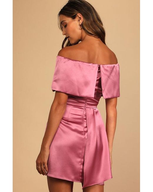 Lulus Pink Always Celebrating Satin Off-The-Shoulder Mini Dress