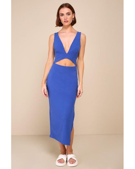 Lulus Blue Divide And Contour Royal Ribbed Cutout Bodycon Midi Dress