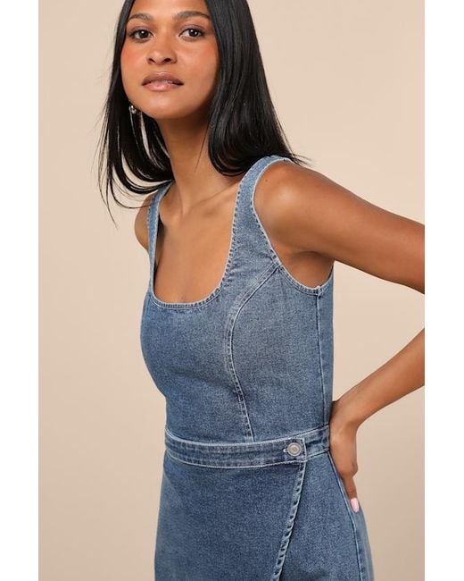 Lulus Blue Merima Medium Wash Denim Wrap Mini Dress