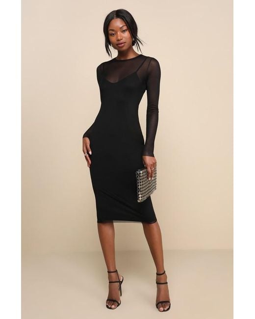 Lulus Natural Perfect Plans Sheer Mesh Long Sleeve Bodycon Midi Dress