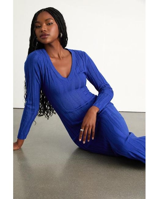 Lulus Blue High Appeal Textured V-Neck Midi Sweater Dress